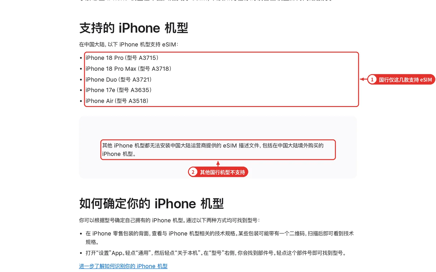 图 2:苹果中国官网:国行 iPhone 的 eSIM 支持情况
