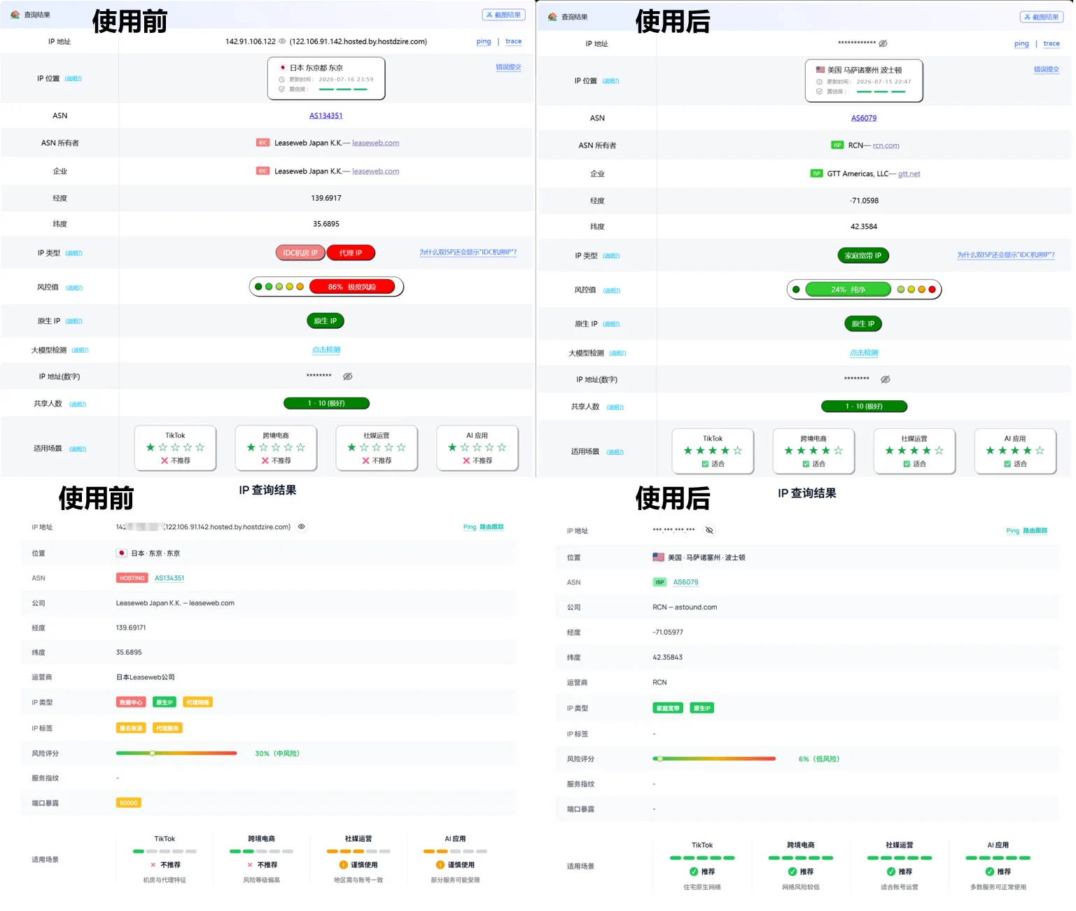 家宽配置前后的完整检测对比，查看操作标注与实测信息