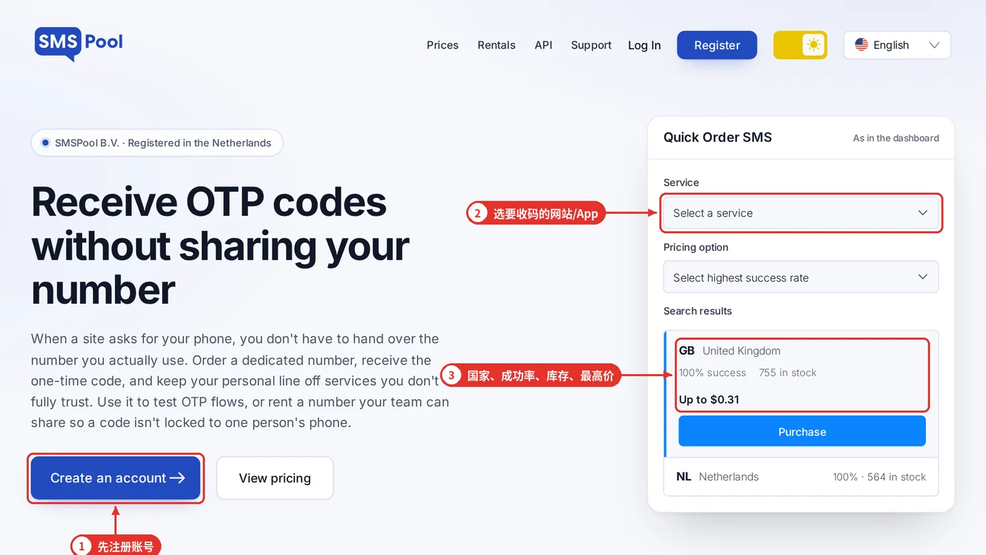 图 1：SMSPool 官网首页